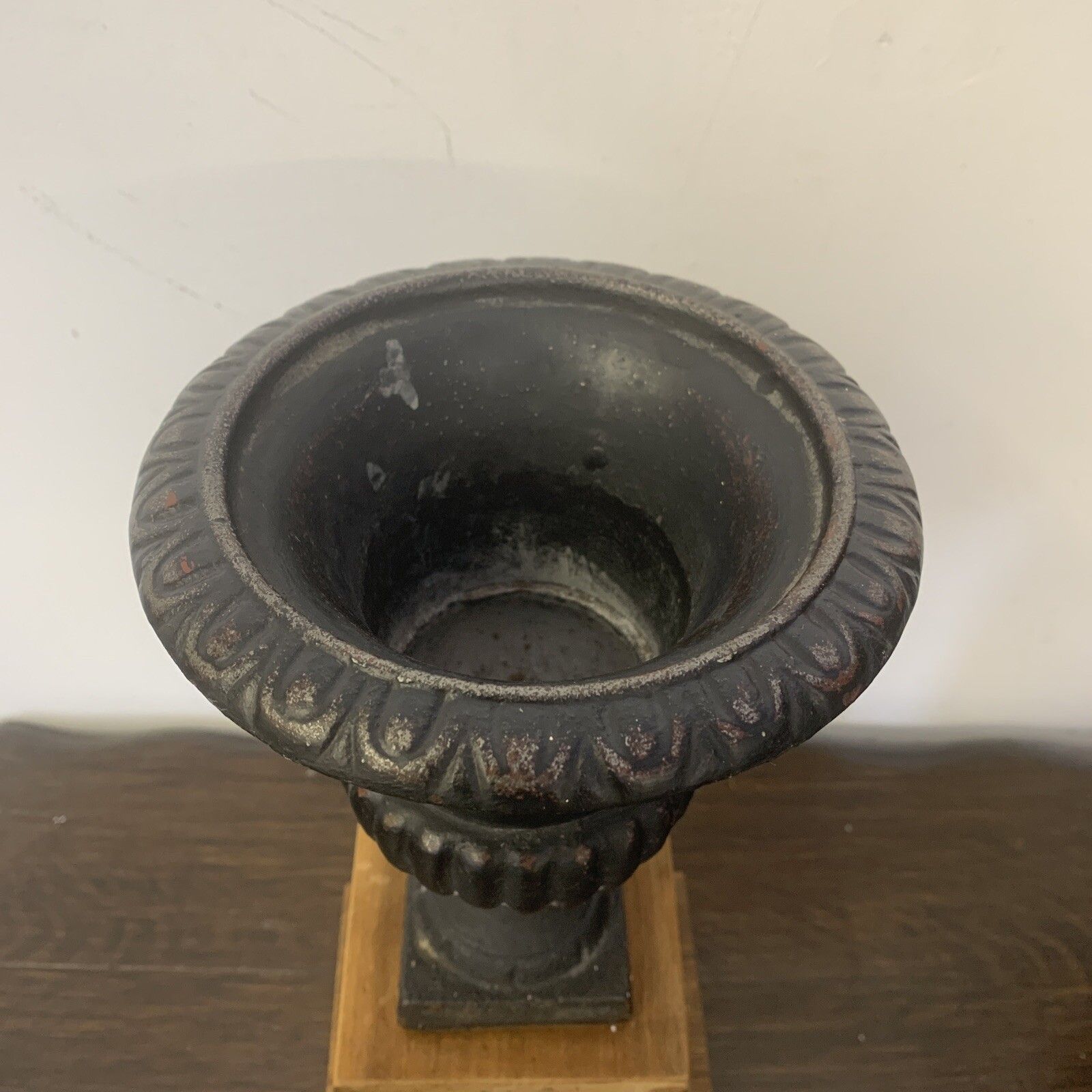Antique Vintage Cast Iron Miniature Medici Urn On Wooden Plinth photo for sale