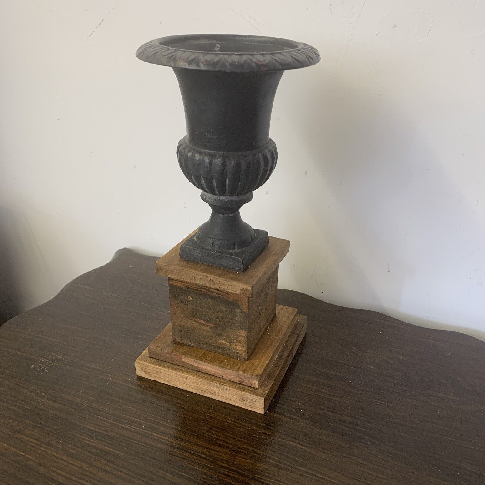 Antique Vintage Cast Iron Miniature Medici Urn On Wooden Plinth photo 120.0