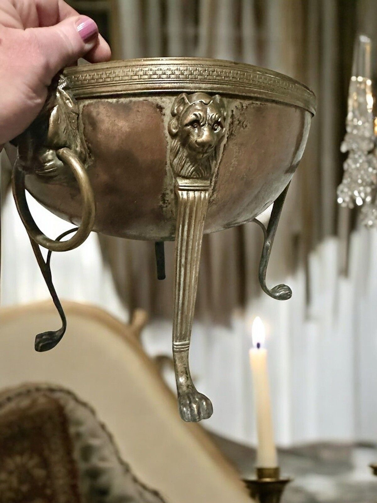 Antique Copper And Brass Footed Lion Head Wine Cooler Tazza Grand Tour photo vintage