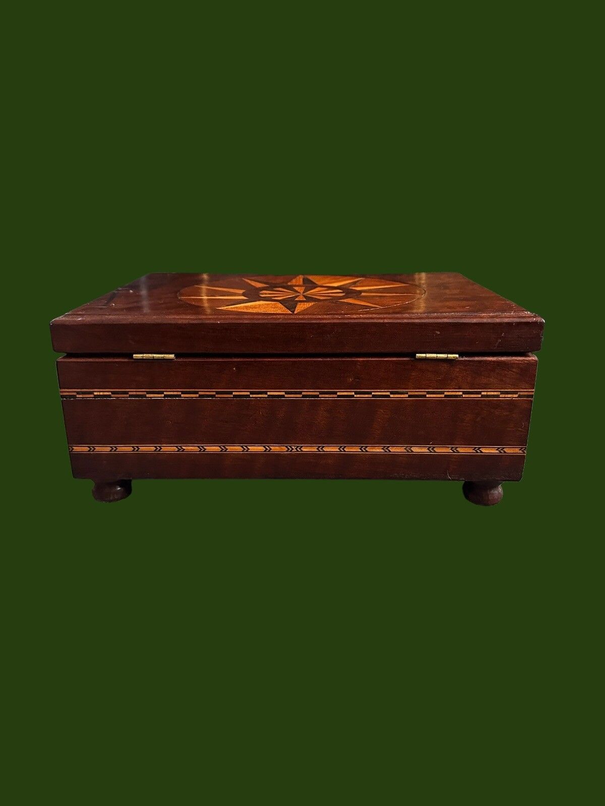 Gorgeous Antique Wooden Box Inlaid Marquetry With Compass Detail photo vinterior