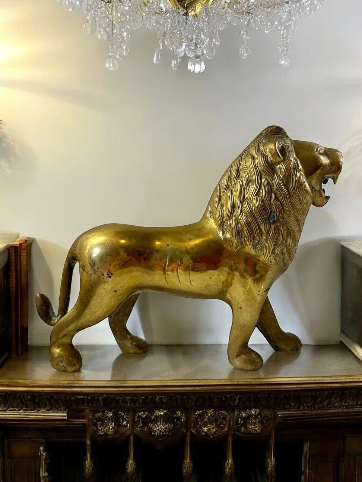 Antique Old Lion Figure Sculpture, Golden Brass Lion Heavy
