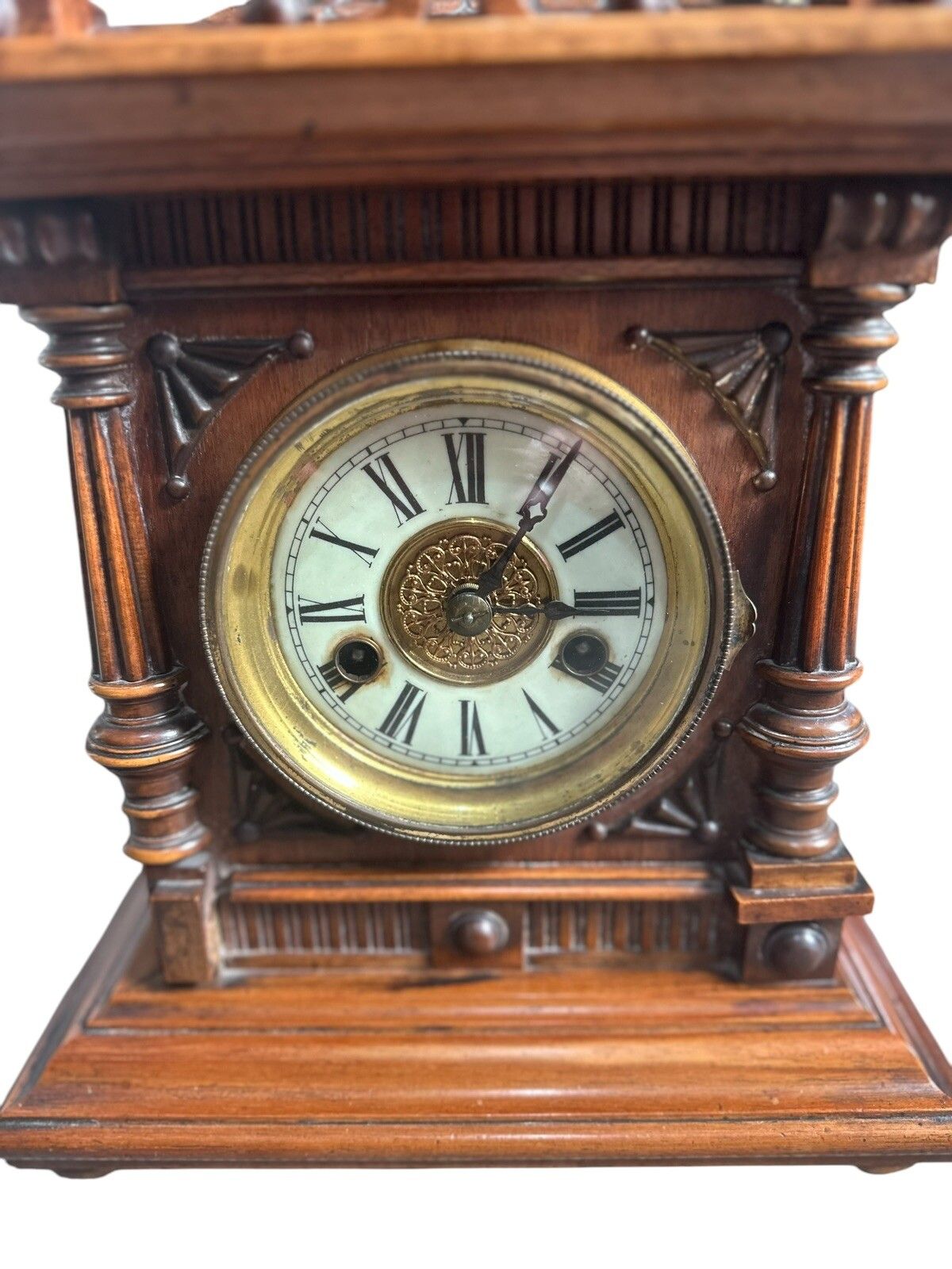 A Late 19th Century German Walnut Finial Mantle Clock Hac Gorgeous photo Home Decor