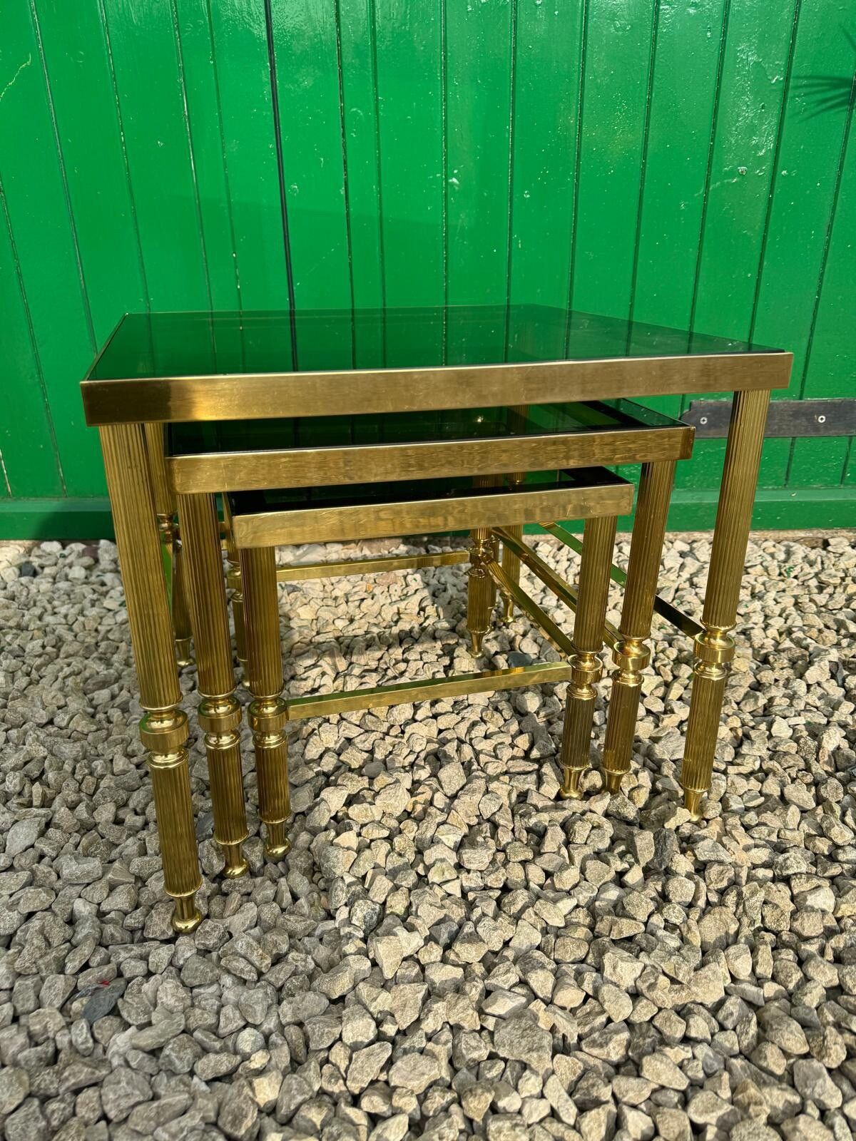 Mid Century Brass & Glass Nest Of Tables On Castors Art Deco Style photo furniture