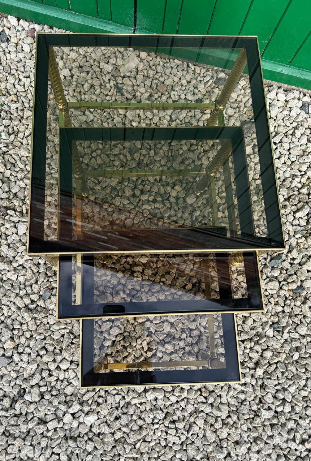 Mid Century Brass & Glass Nest Of Tables On Castors Art Deco Style photo for sale