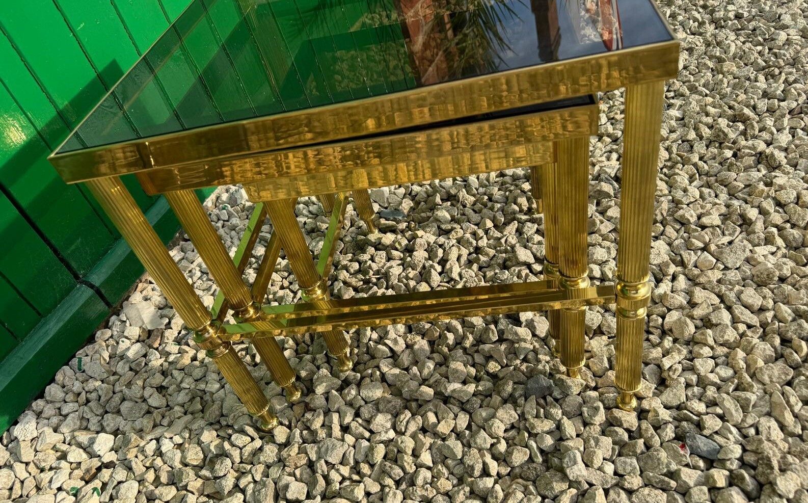 Mid Century Brass & Glass Nest Of Tables On Castors Art Deco Style photo vinterior