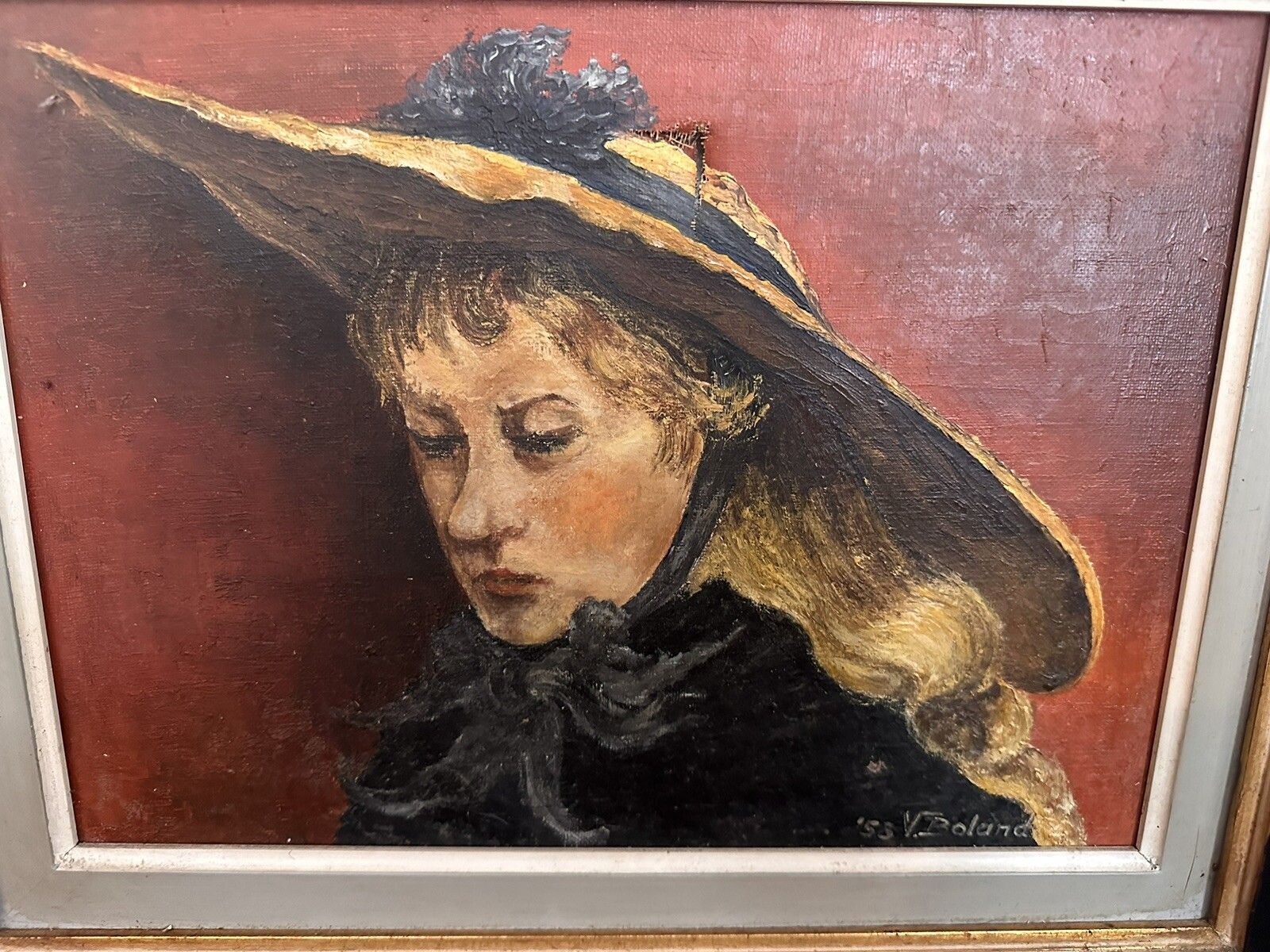 Mid Century 1955 Signed Oil Of Canvas Beautiful Lady With A Hat  46.5cm By 38cm photo for sale