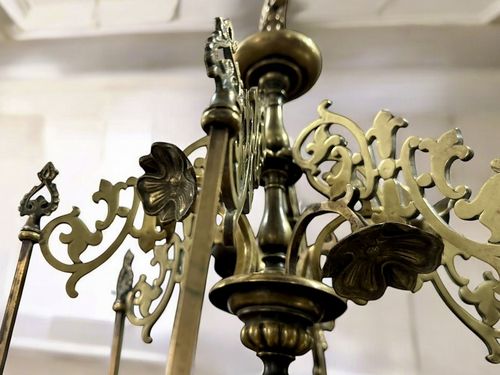 19th C Gothic Revival Baroque Six Arm Large Chandelier Heavy Brass photo Lighting