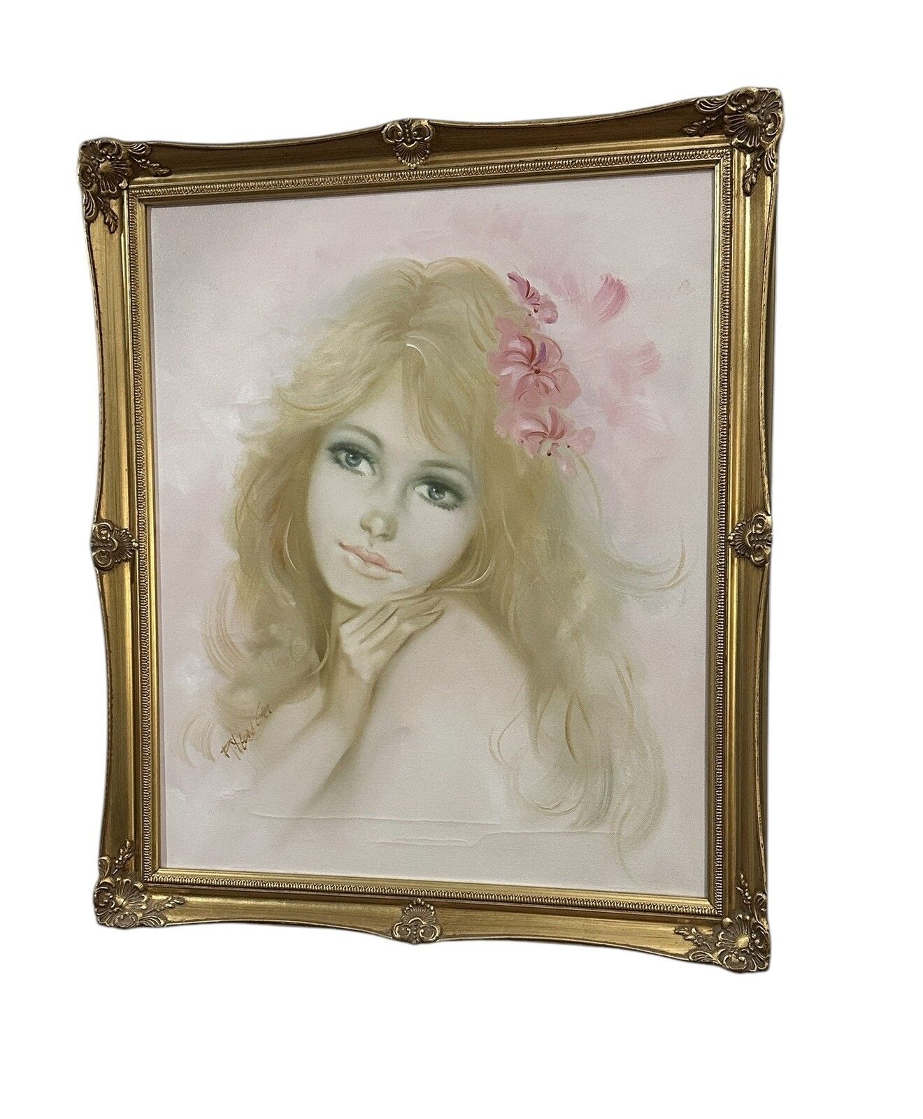 Mid Century Circa 60s 70s Signed Original Oil On Canvas Beautiful Lady 70cm