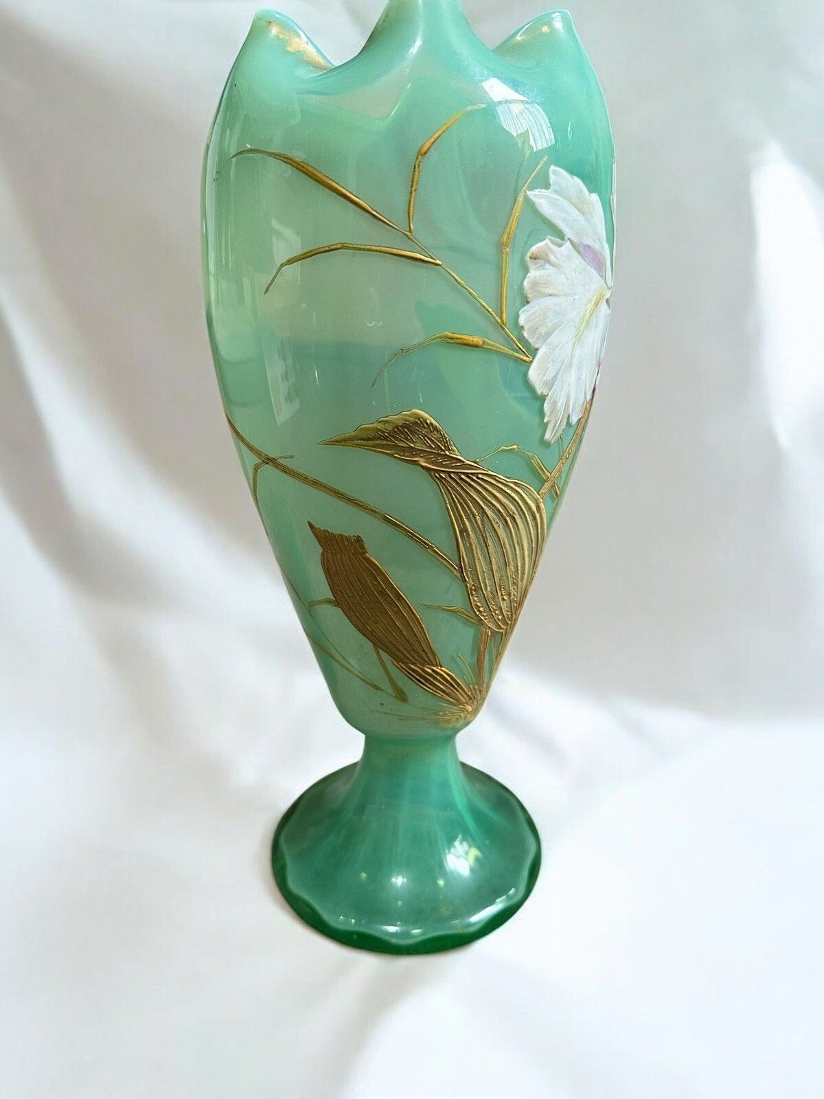Large Art Nouveau Vase Mouth Blown Art Glass . 1880 1900 Floral Enamel Paint photo vinterior