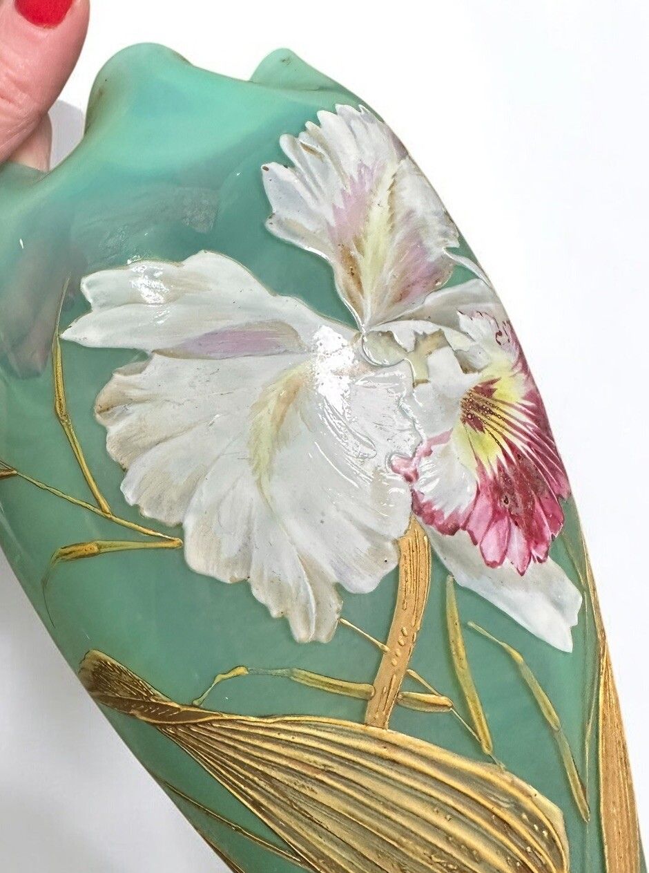 Large Art Nouveau Vase Mouth Blown Art Glass . 1880 1900 Floral Enamel Paint photo buy