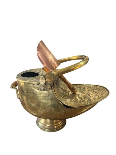 Victorian Coal Scuttle Brass Fireside Bin With Integral Copper Shovel photo vinterior