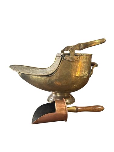 Victorian Coal Scuttle Brass Fireside Bin With Integral Copper Shovel photo vintage