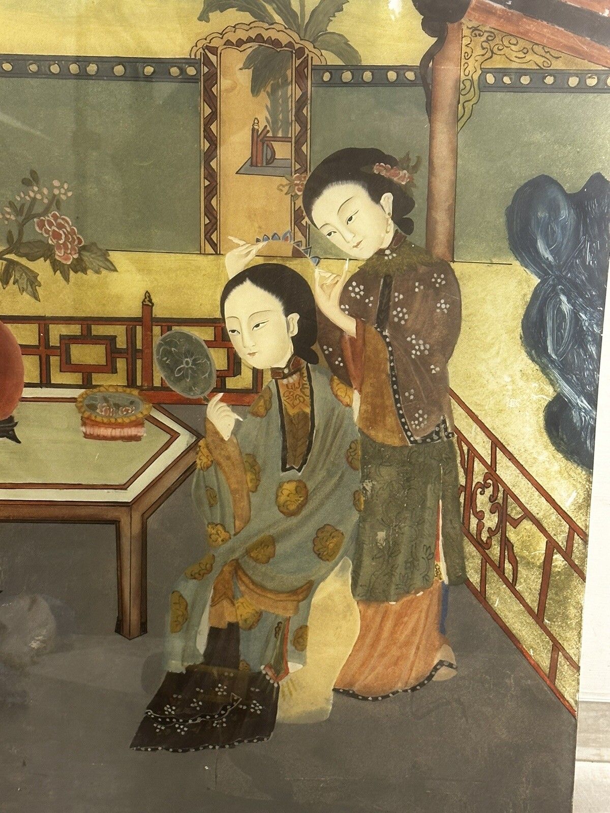 19th C Oriental Japanese Reverse Painting On Glass 51cm By 36cm photo Art