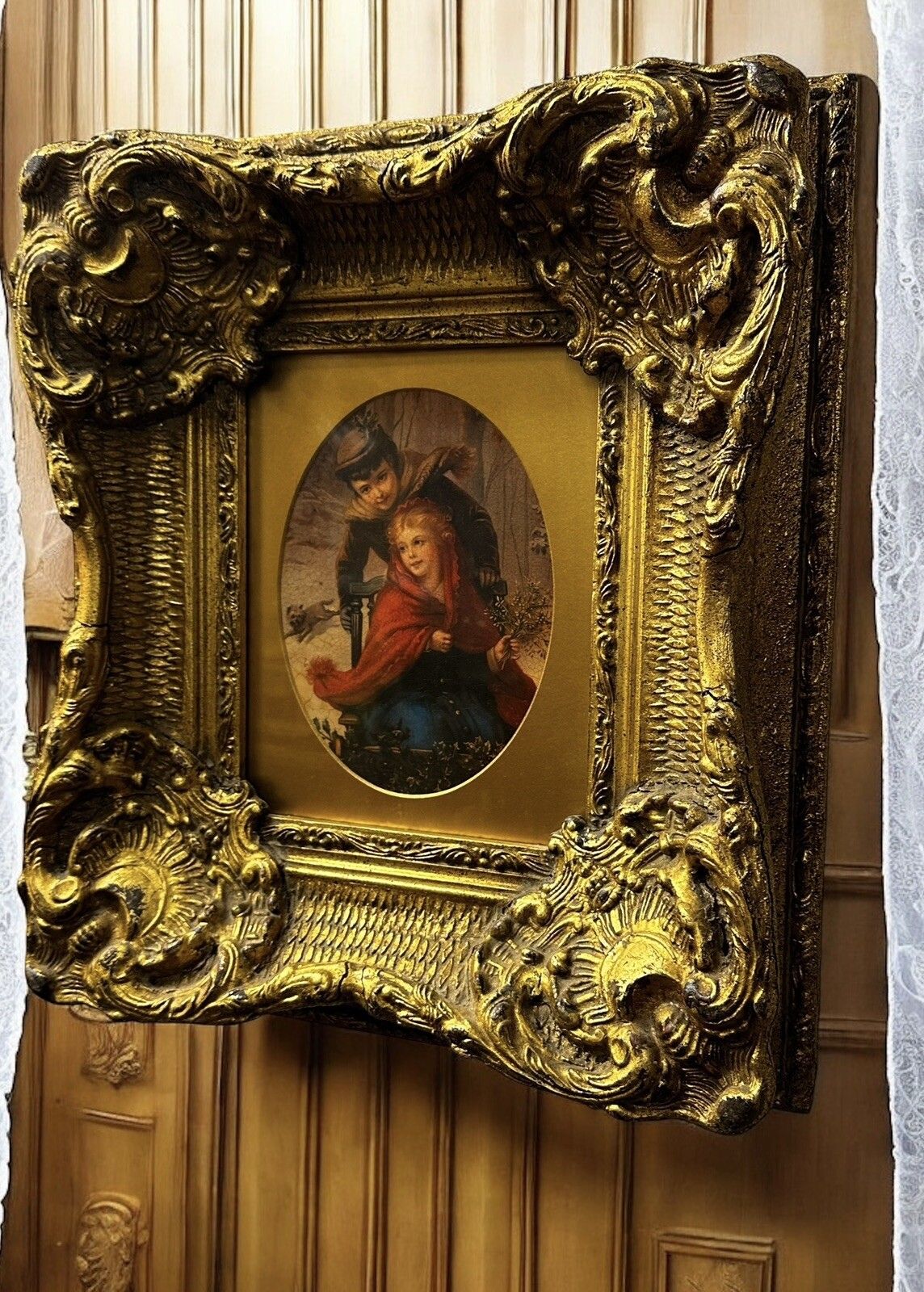 Gorgeous Vintage Lithograph Print In Chunky Gilt Rococo Frame 45cm By 39cm photo furniture