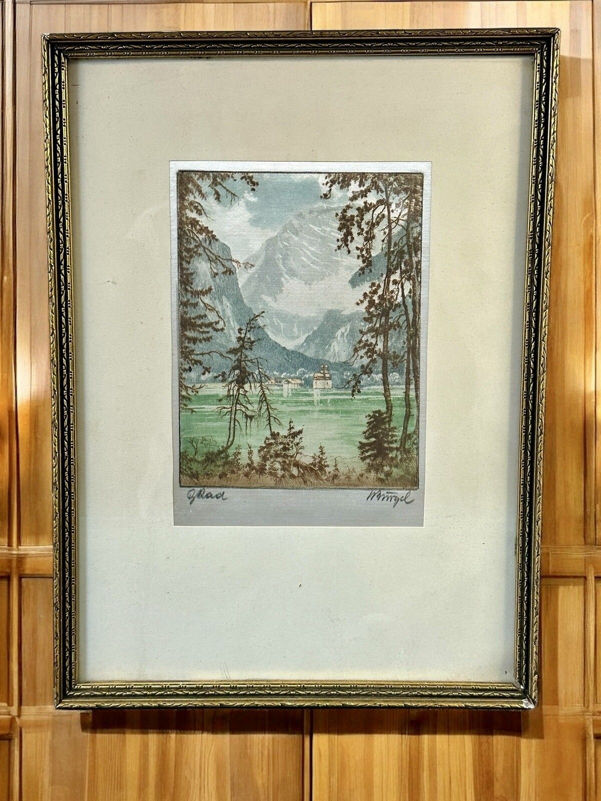 Vintage Signed Painting On Silk French Alps Scene 37cm By 27cm photo furniture