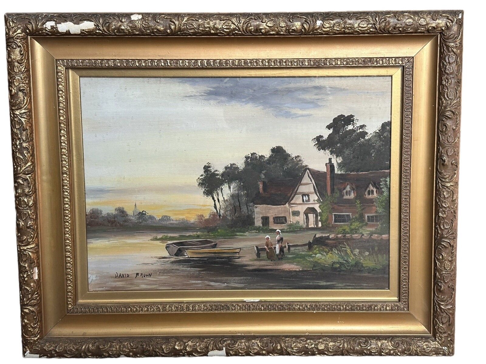 Antique 19th Century English Landscape Scene Oil On Canvas Signed