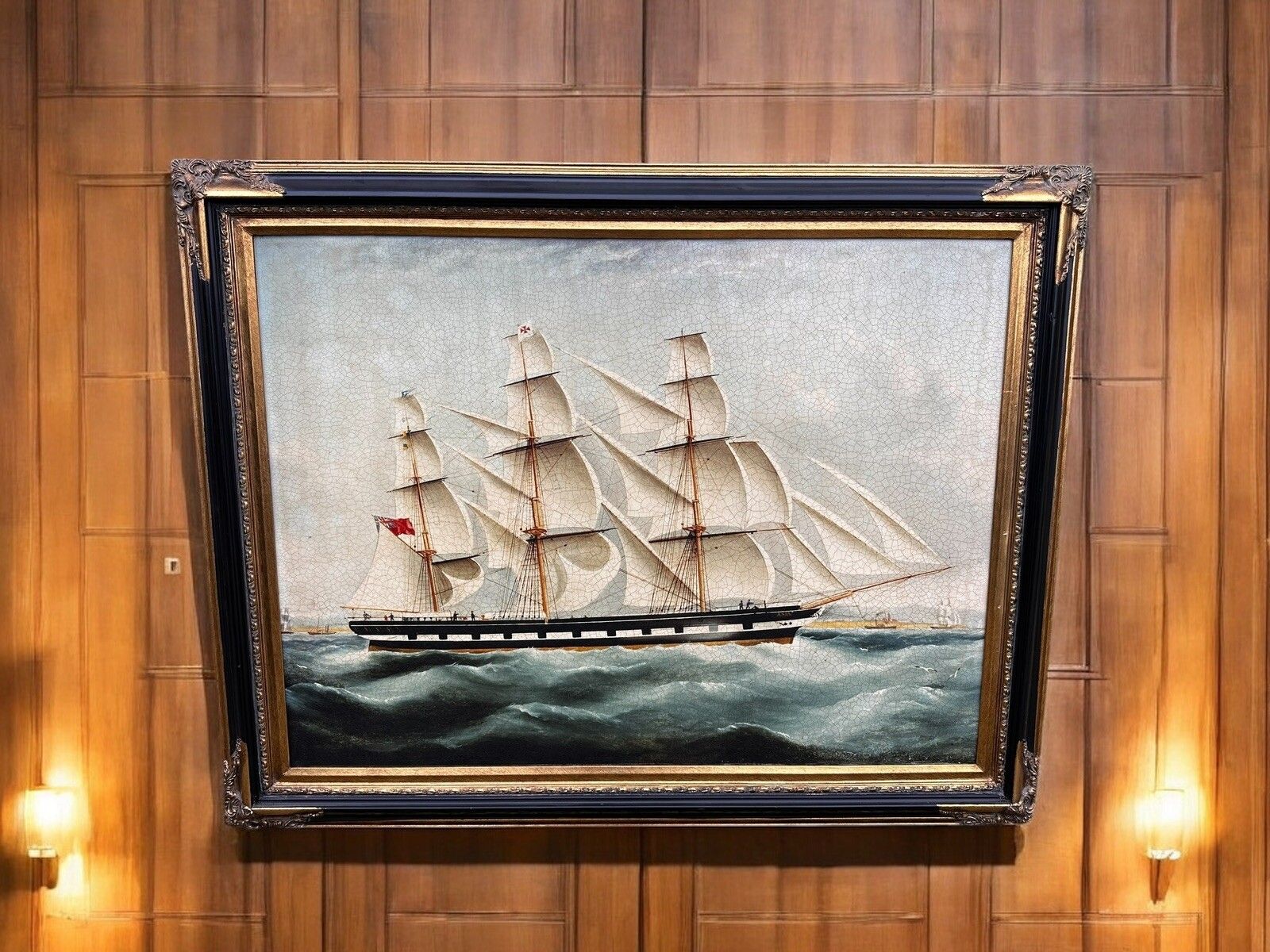 Huge Oleograph Galleon Ship Maritime Nautical Scene 120cm By 95cm photo furniture