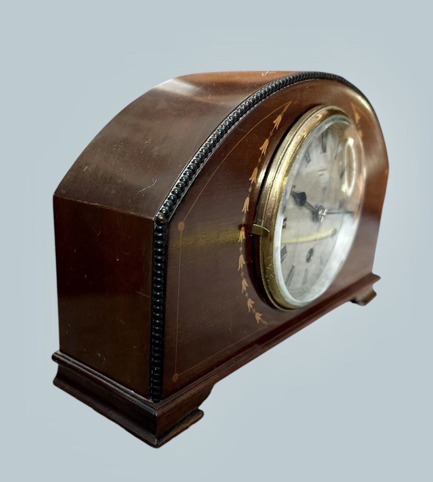 Edwardian Harrods Of London Inlaid Half Moon Mantle Timepiece Clock photo vinterior
