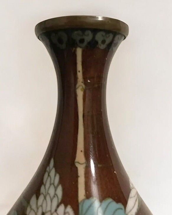 Antique Oriental Japanese Chinese Lacquered Vase Enamel Brass Hand Decorated photo for sale