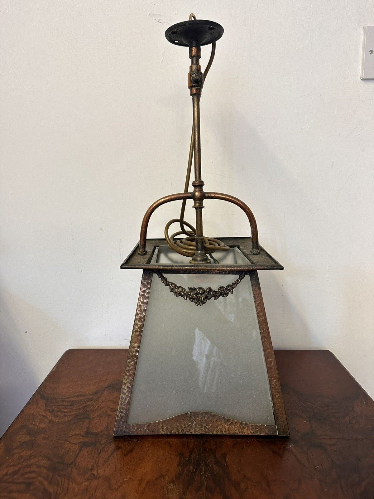 Art Nouveau C1900’s Hand Beaten Copper Large Lantern Four Glass Shades photo for sale
