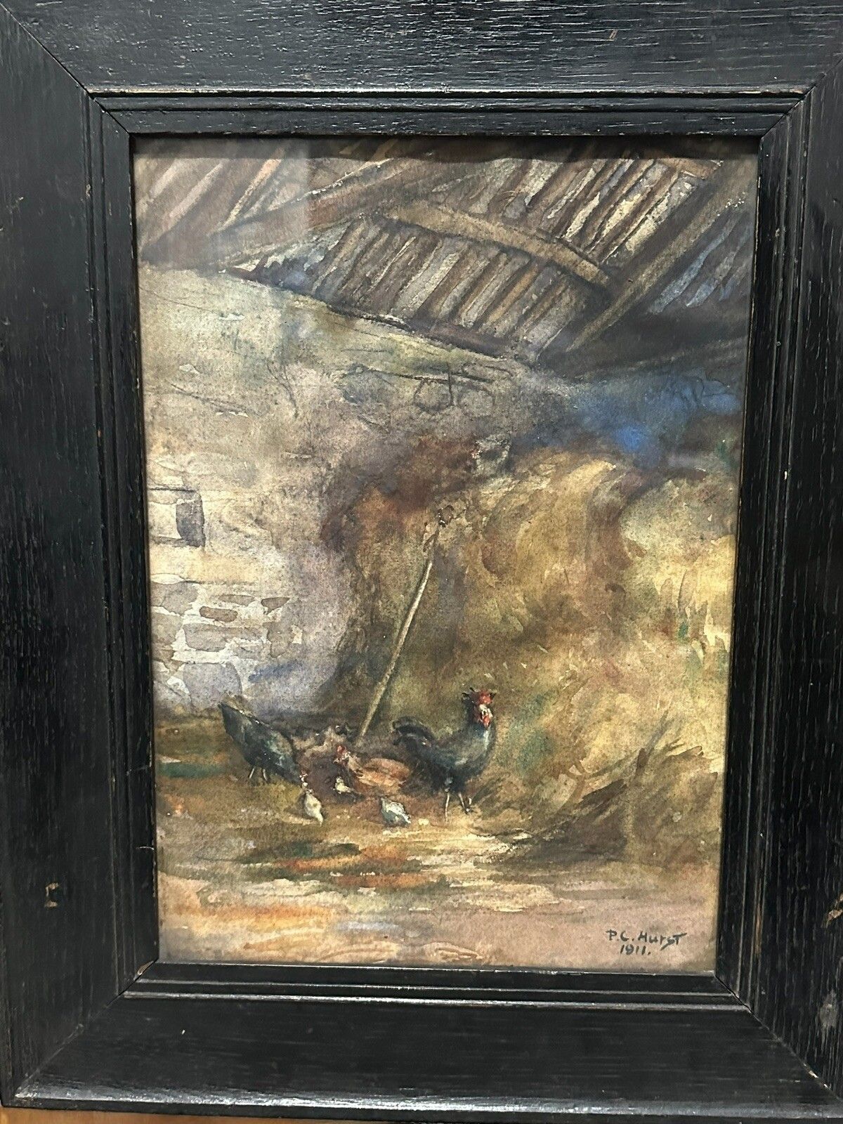 1911 English Antique Watercolour Barn With Chickens Signed By Artist photo furniture