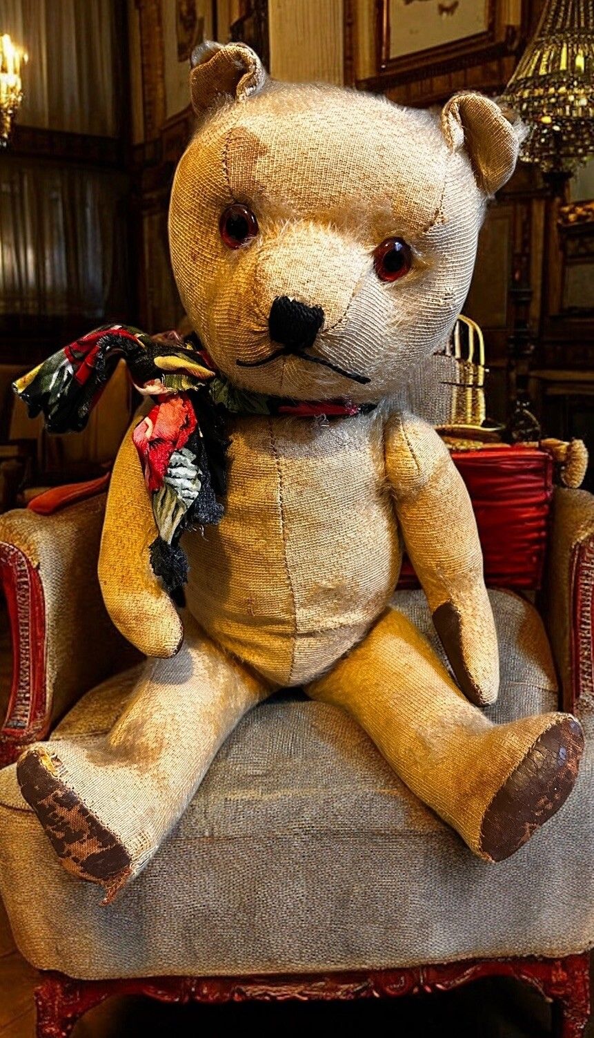1930s/40s Straw Filled Jointed Teddy Bear 16”