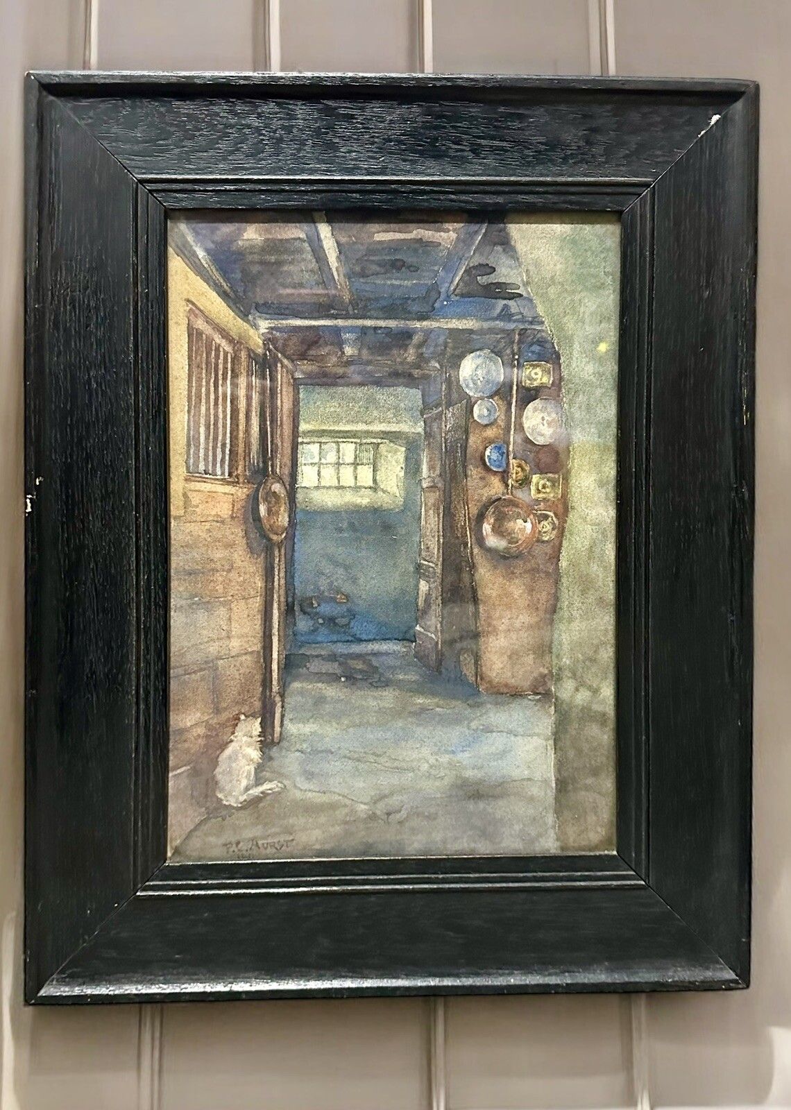 C1900’s English Antique Watercolour Country House With Cat Signed By Artist photo furniture