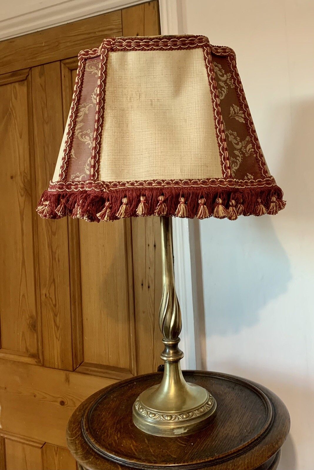 Antique Edwardian Stunning Brass Table Lamp With Original Shade￼ Tassel Shade photo furniture