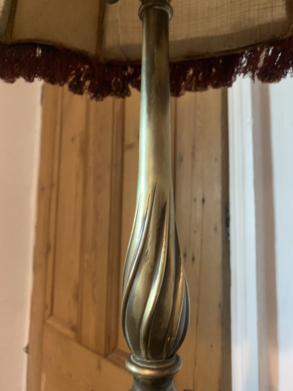 photo for sale Antique Edwardian Stunning Brass Table Lamp With Original Shade￼ Tassel Shade