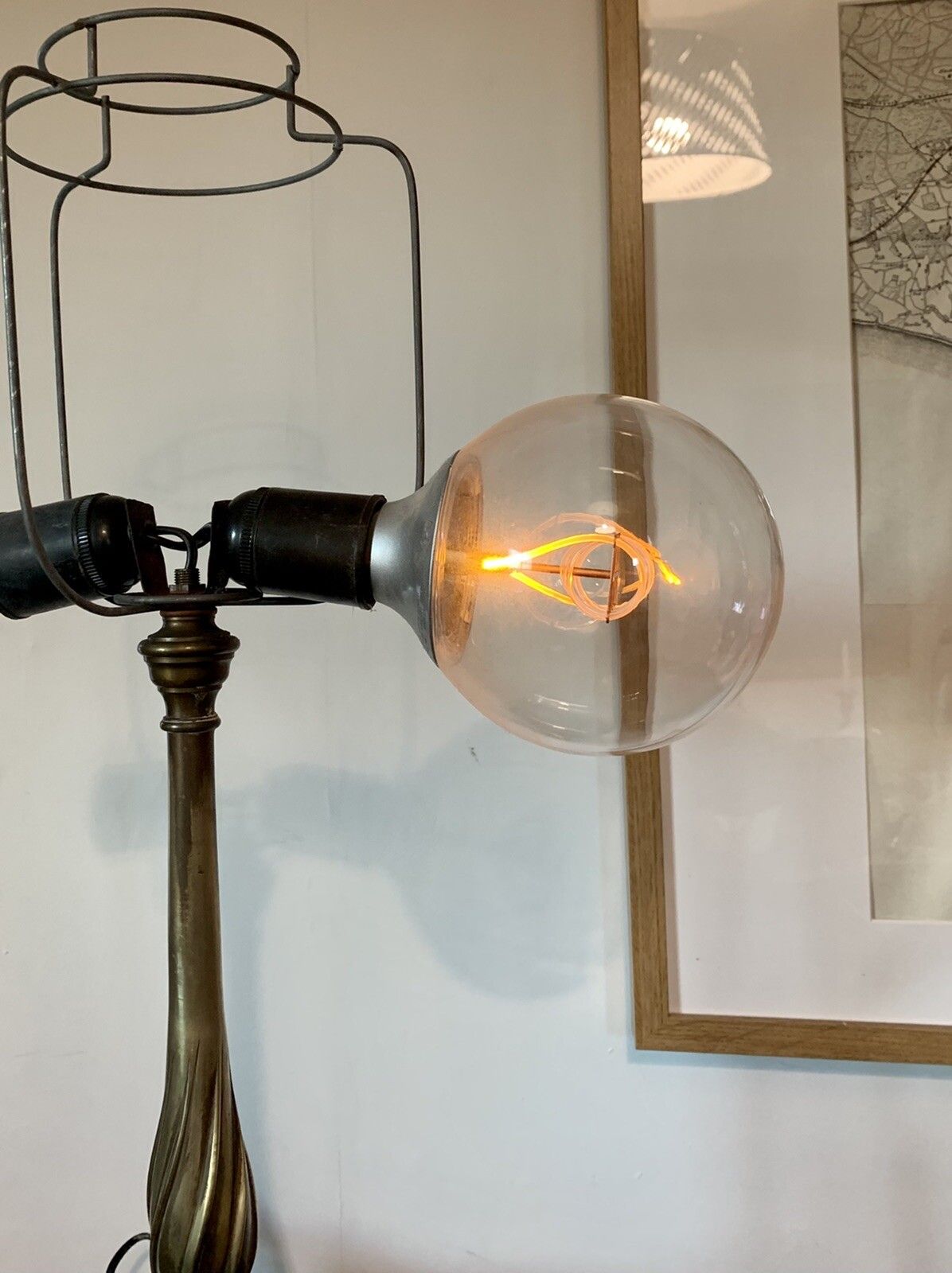 Lighting Antique Edwardian Stunning Brass Table Lamp With Original Shade￼ Tassel Shade photo