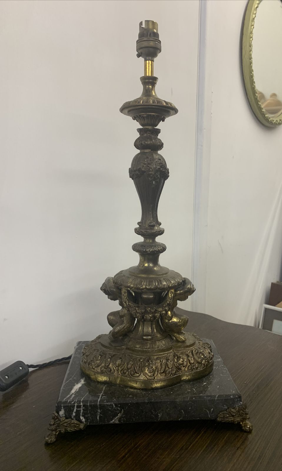 Antique Exquisite French Huge Bronze And Marble Cherub Table Lamp