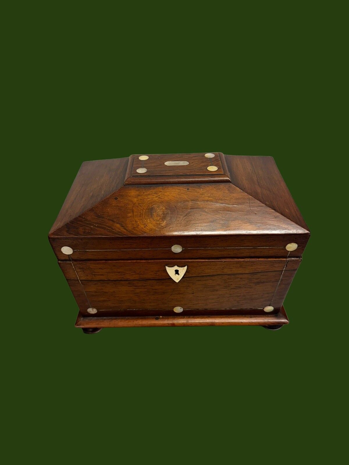 Early 19th Century Regency Mother Of Pearl Inlaid Tea Caddy Of Sarcophagus Form photo for sale