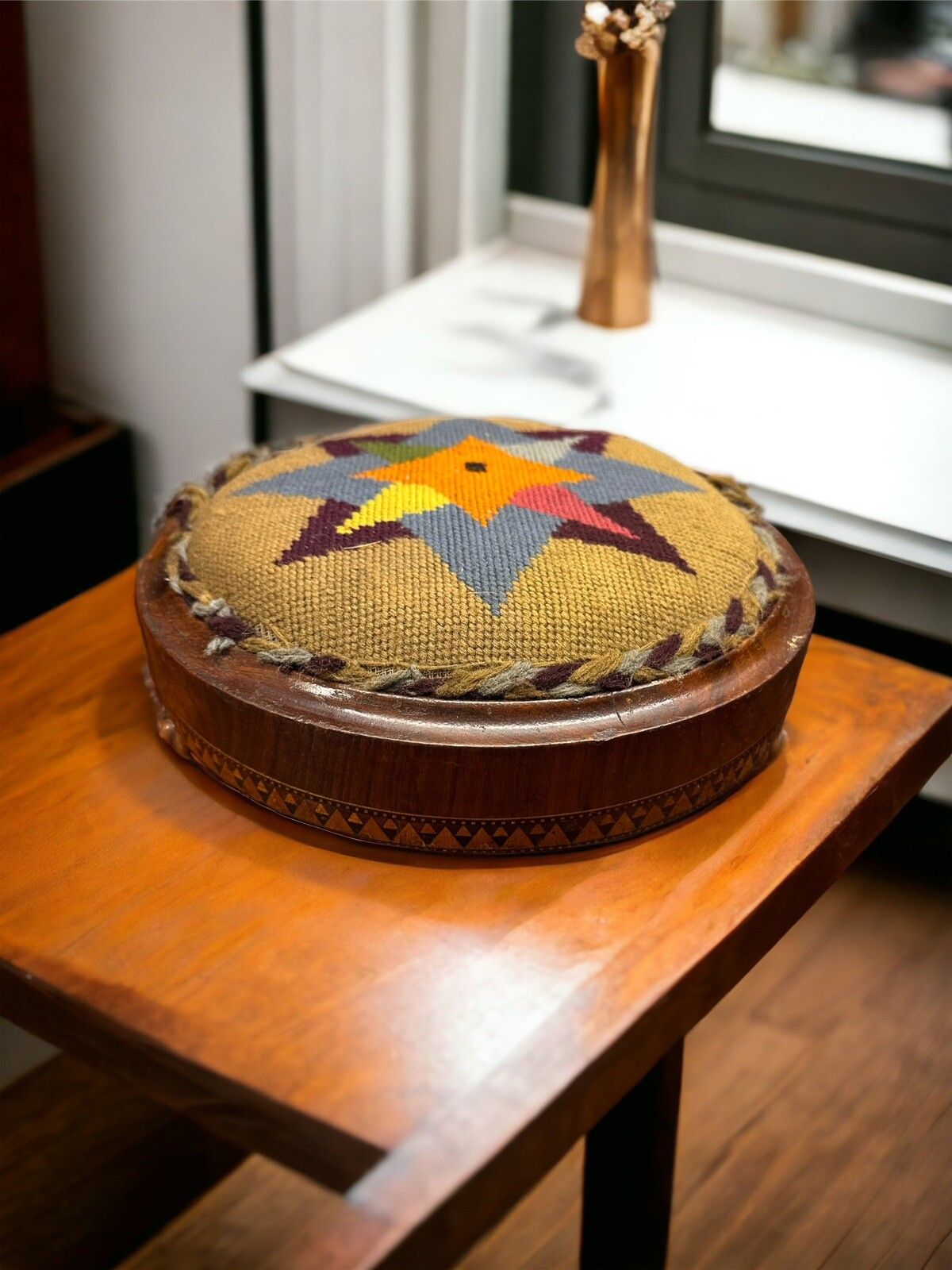 Antique English Foot Stool Tunbridge Ware Inlay Design And Tapestry Top
