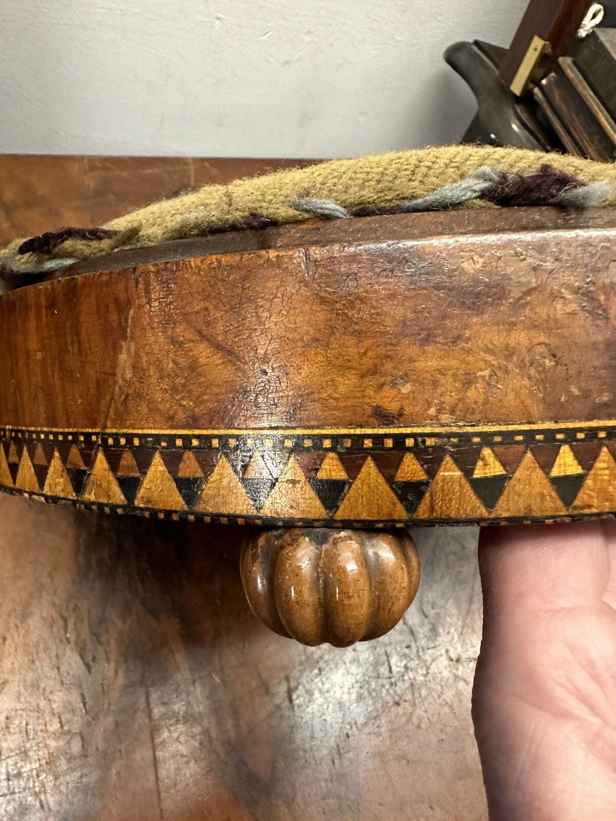Antique English Foot Stool Tunbridge Ware Inlay Design And Tapestry Top photo Furniture