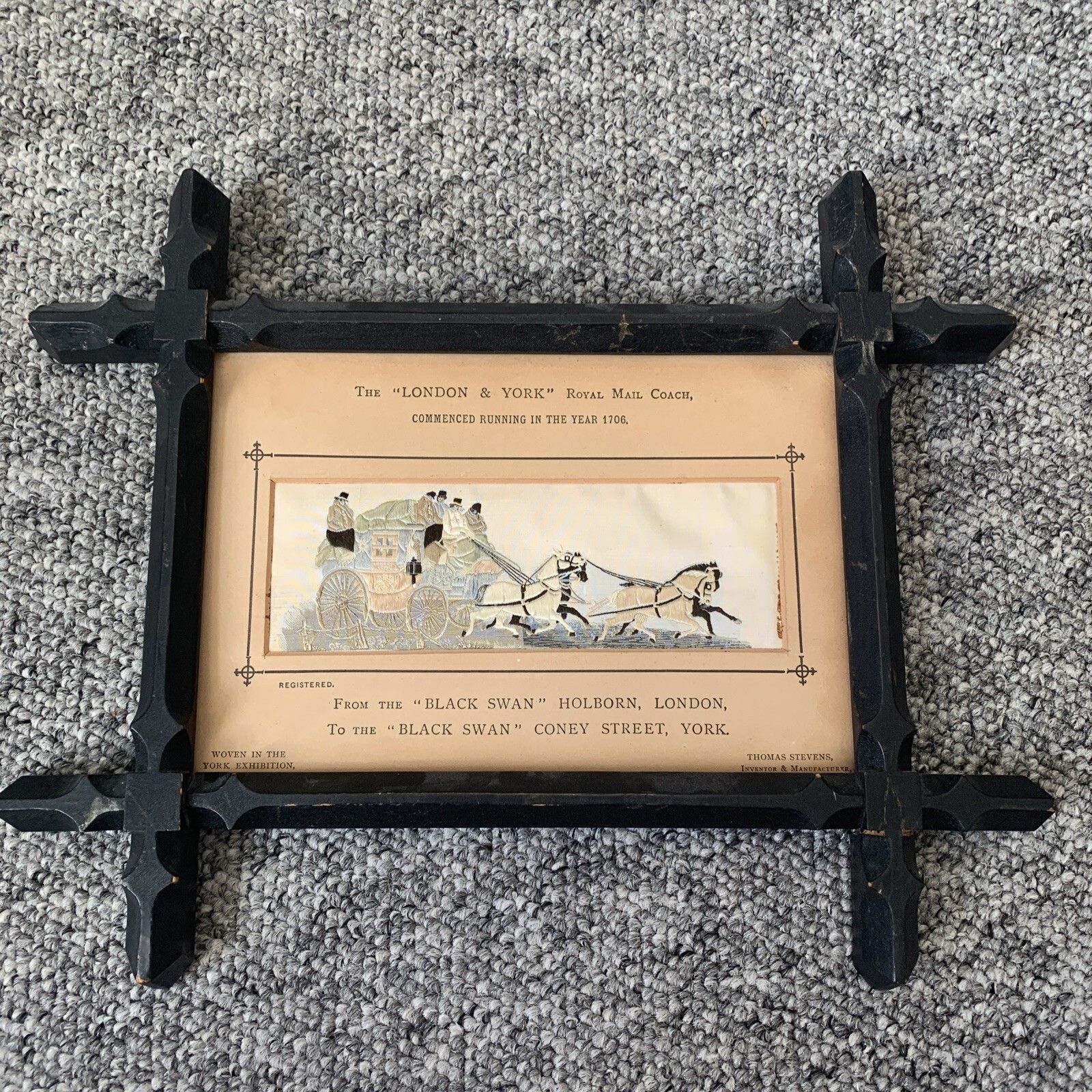 Antique Stevengraph Woven Silk Picture Stevens Royal Mail Coach York Exhibition