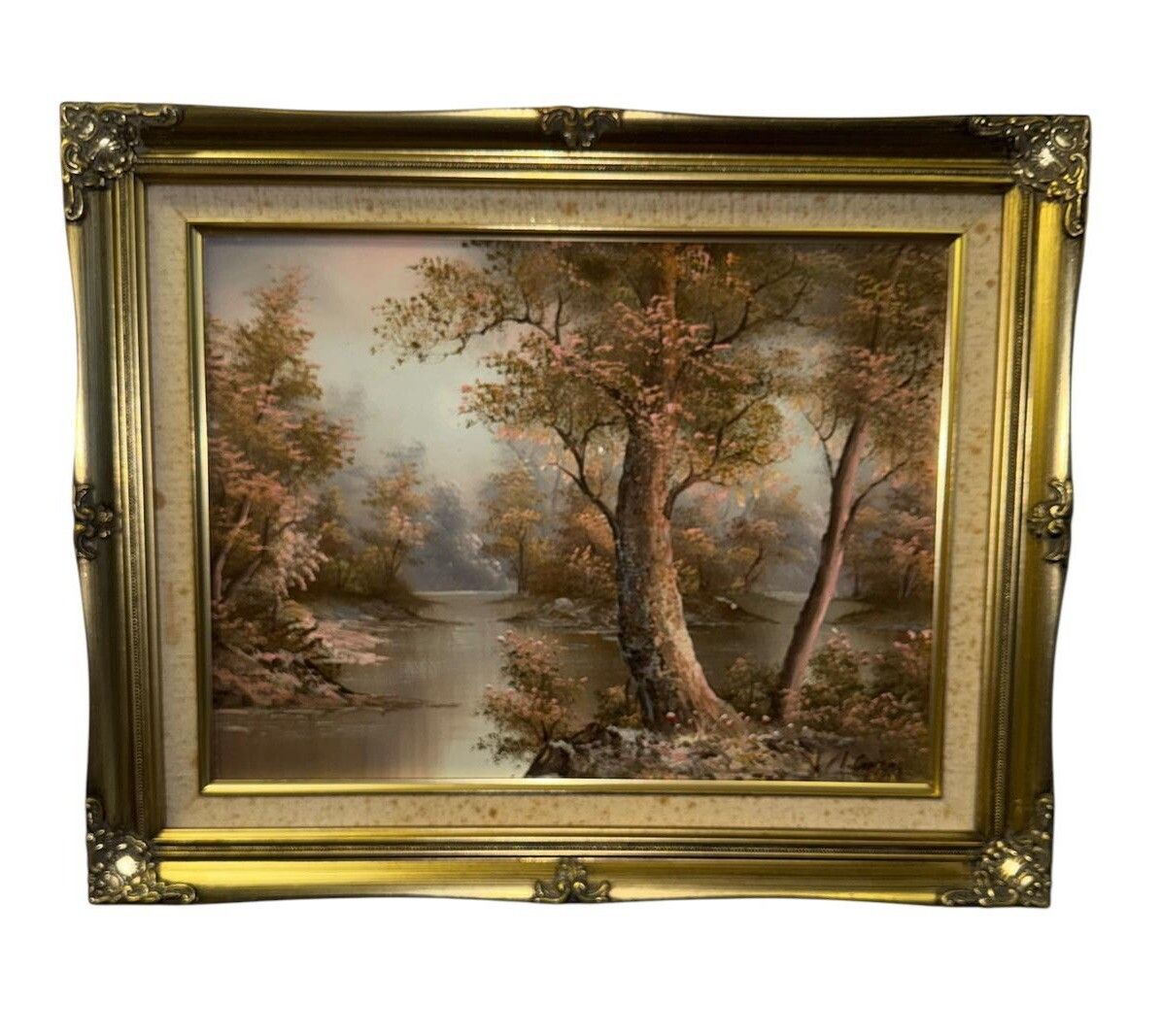 photo furniture Irene Cafieri Original Large Oil Painting House In Woods, Signed By Artist
