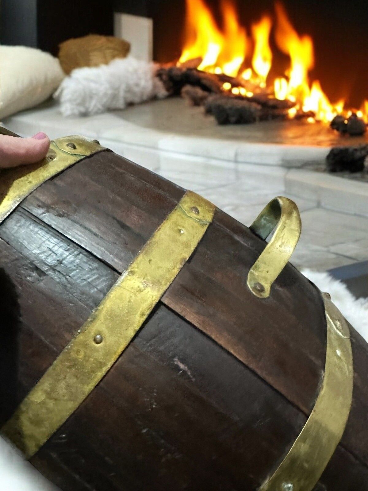 Antique English Oak Brass Banded Barrel Bucket, C 1840 Coal , Umbrella Kindling photo Home Fixtures