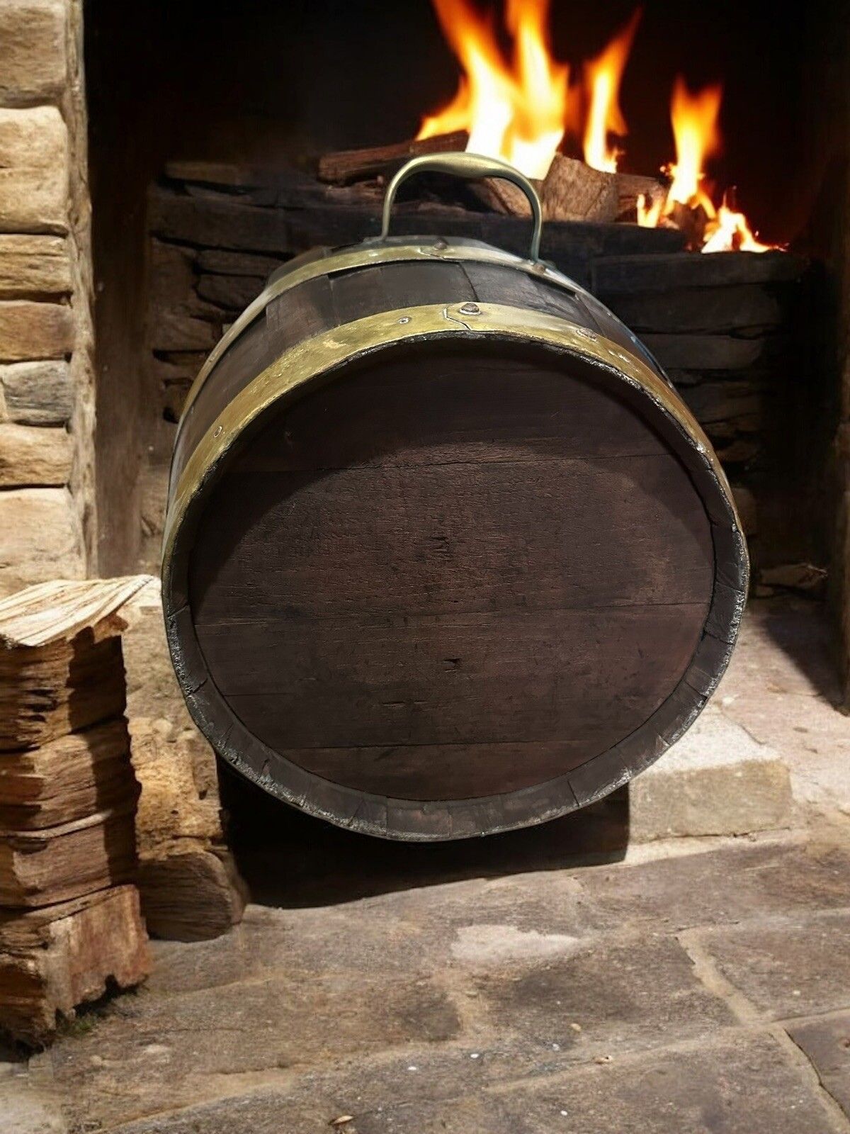Antique English Oak Brass Banded Barrel Bucket, C 1840 Coal , Umbrella Kindling photo vinterior