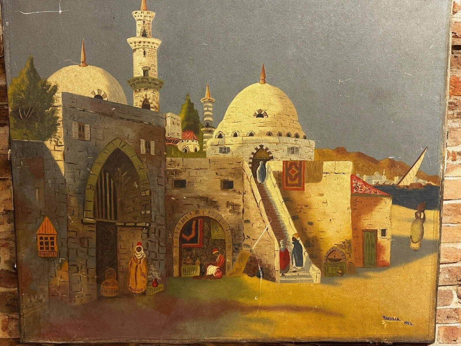 Large Antique 1920’s Oil On Canvas Islamic Mosque Interest H Neville / 77x64cm photo furniture