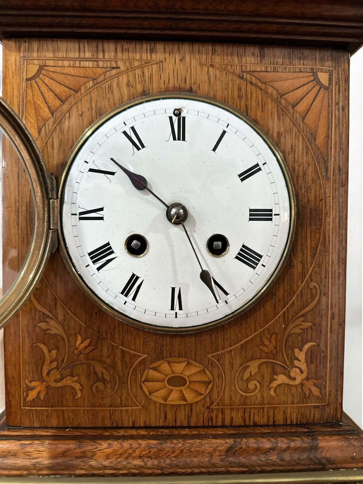 Outstanding Edwardian Inlaid Marquetry French Mantel Clock, Samuel Marti, Paris photo for sale