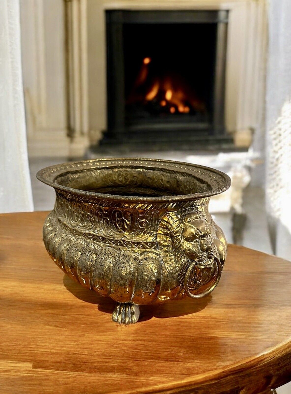19th Century French Brass Lobed Jardiniere With Lion Mascarons And Paw Feet