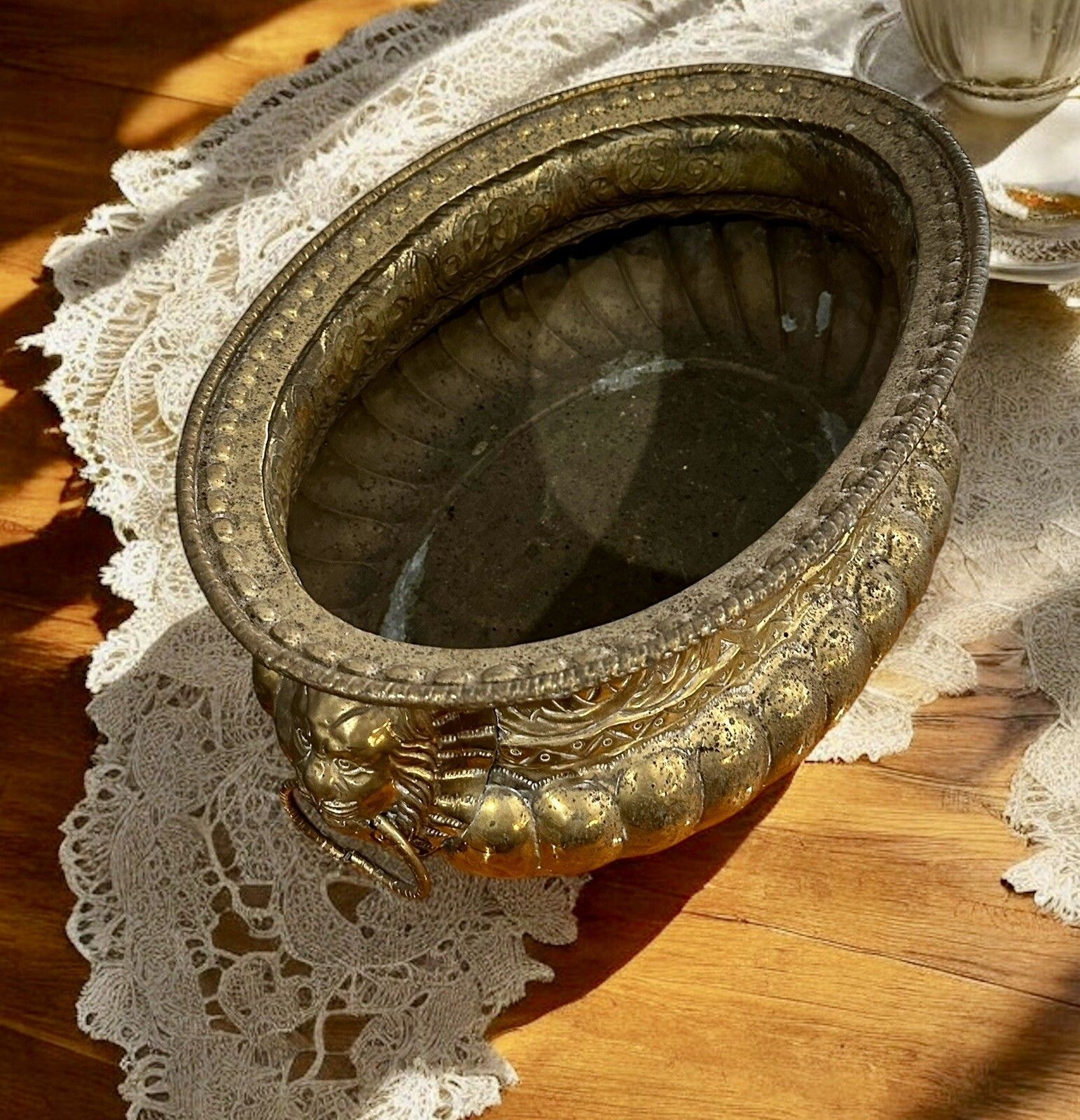 19th Century French Brass Lobed Jardiniere With Lion Mascarons And Paw Feet photo for sale