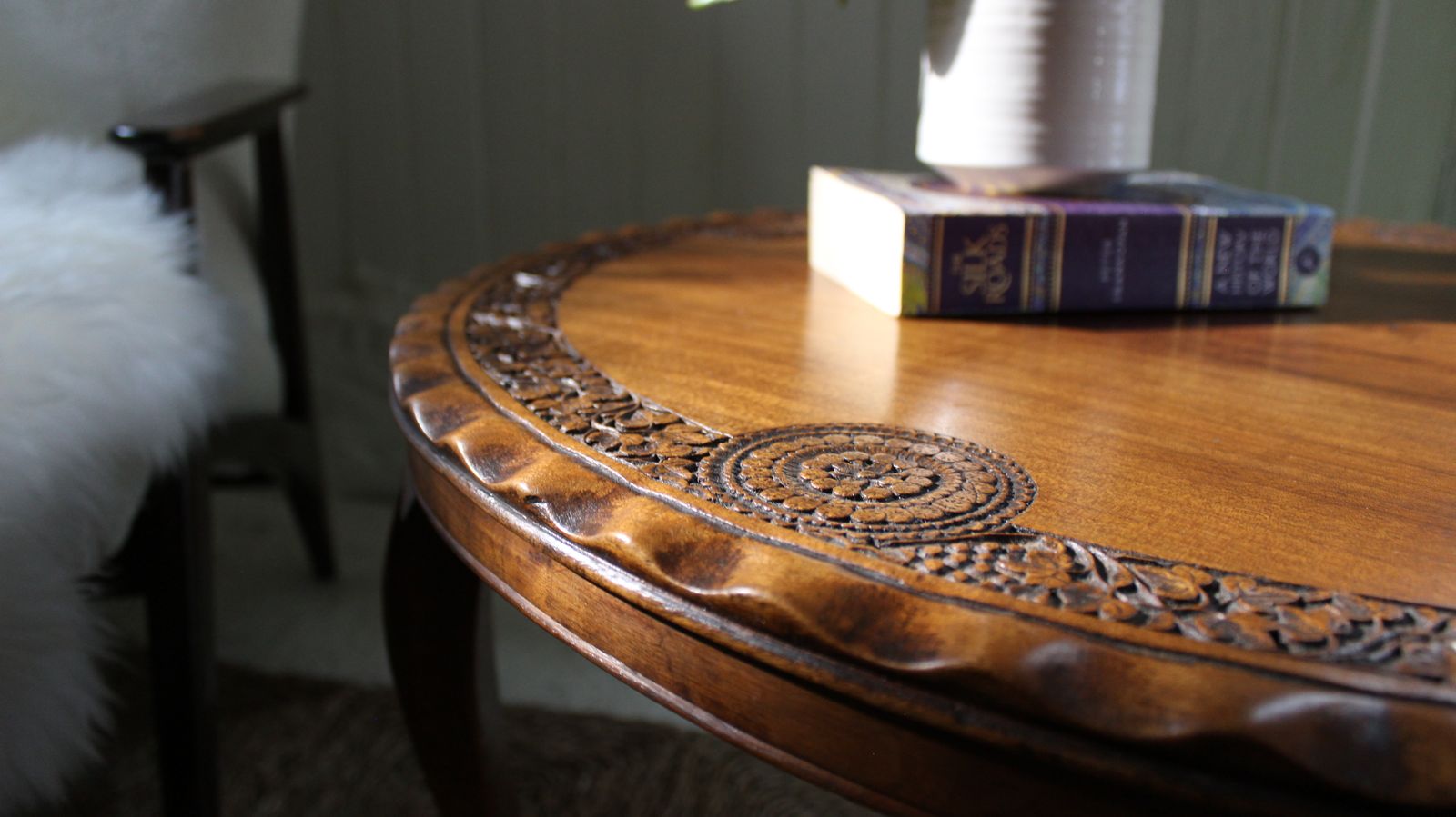 A 1930's Anglo Indian Circular Teak Carved Coffee Table With A Nest Of 4 Smaller Side Tables photo buy