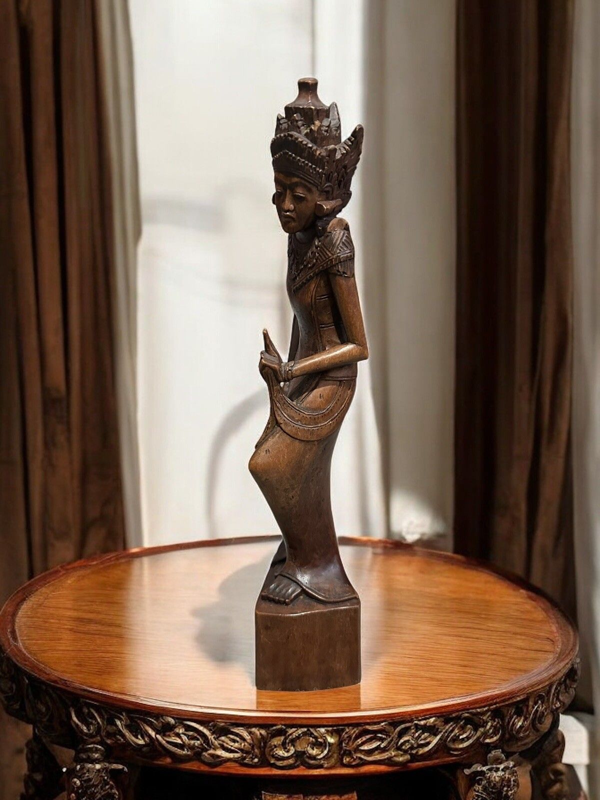 Antique Hand Carved Wooden Goddess Statue, Balinese Art Fine Detail 12” High photo furniture