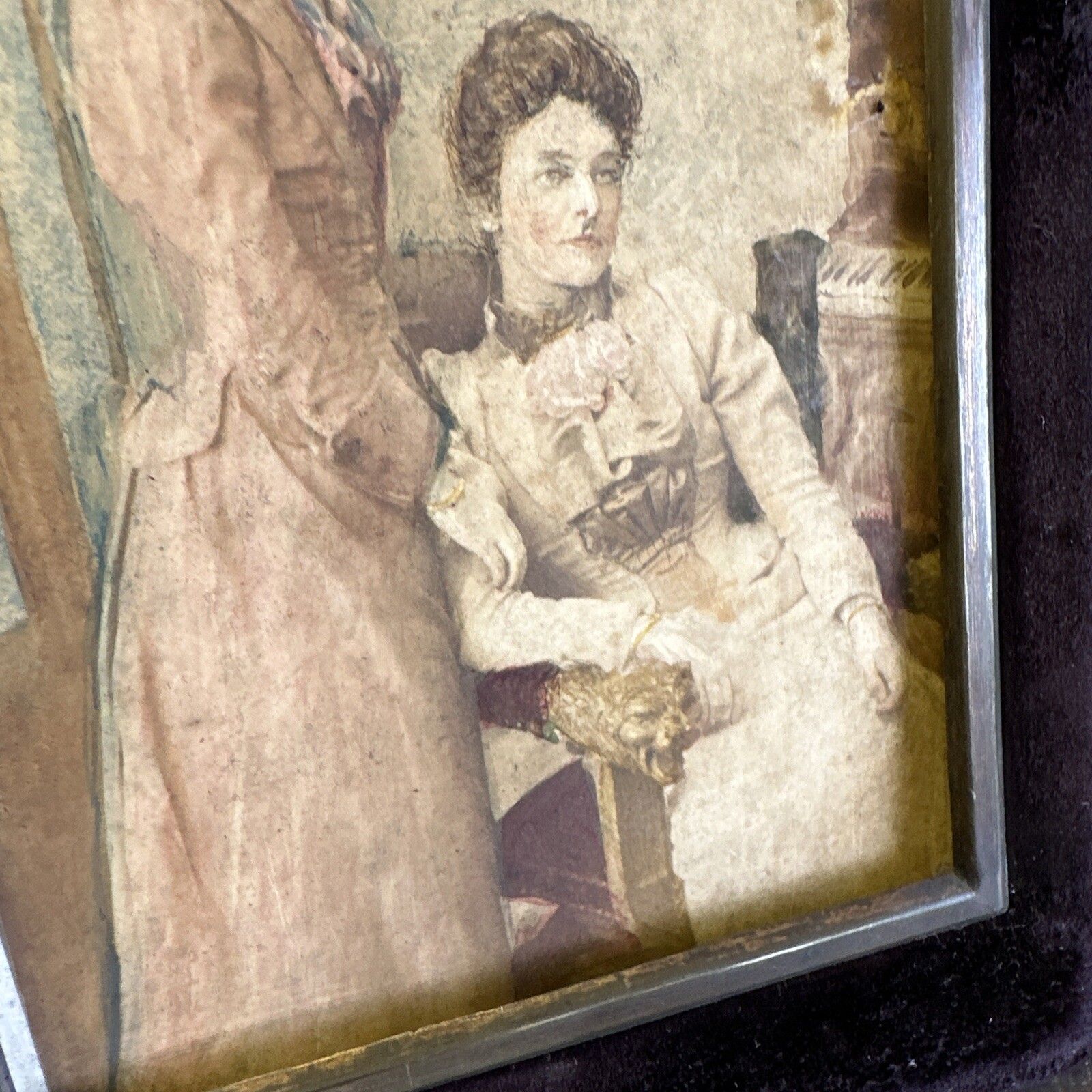 Antique Victorian Velvet Framed Hand, Painted Portrait photo vintage