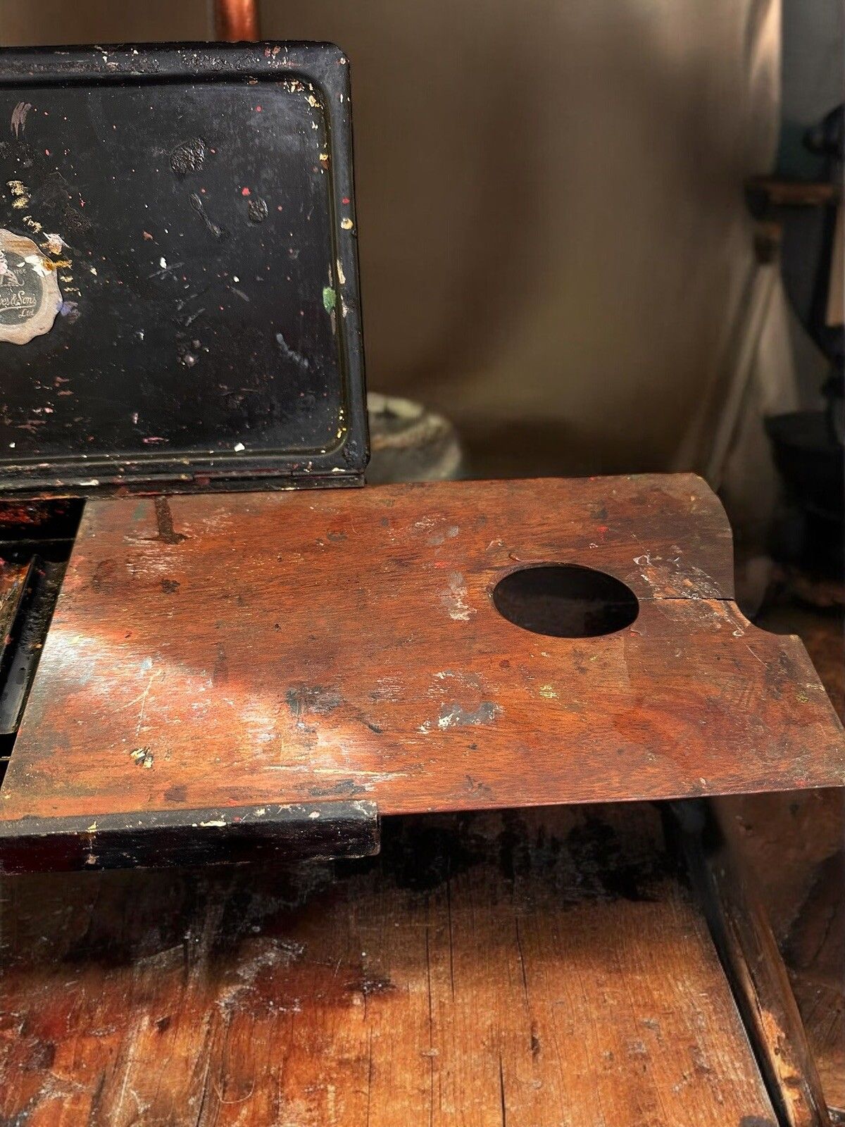 Antique Metal Japanned Reeves And Sons London Paint Box  With Pallet photo furniture