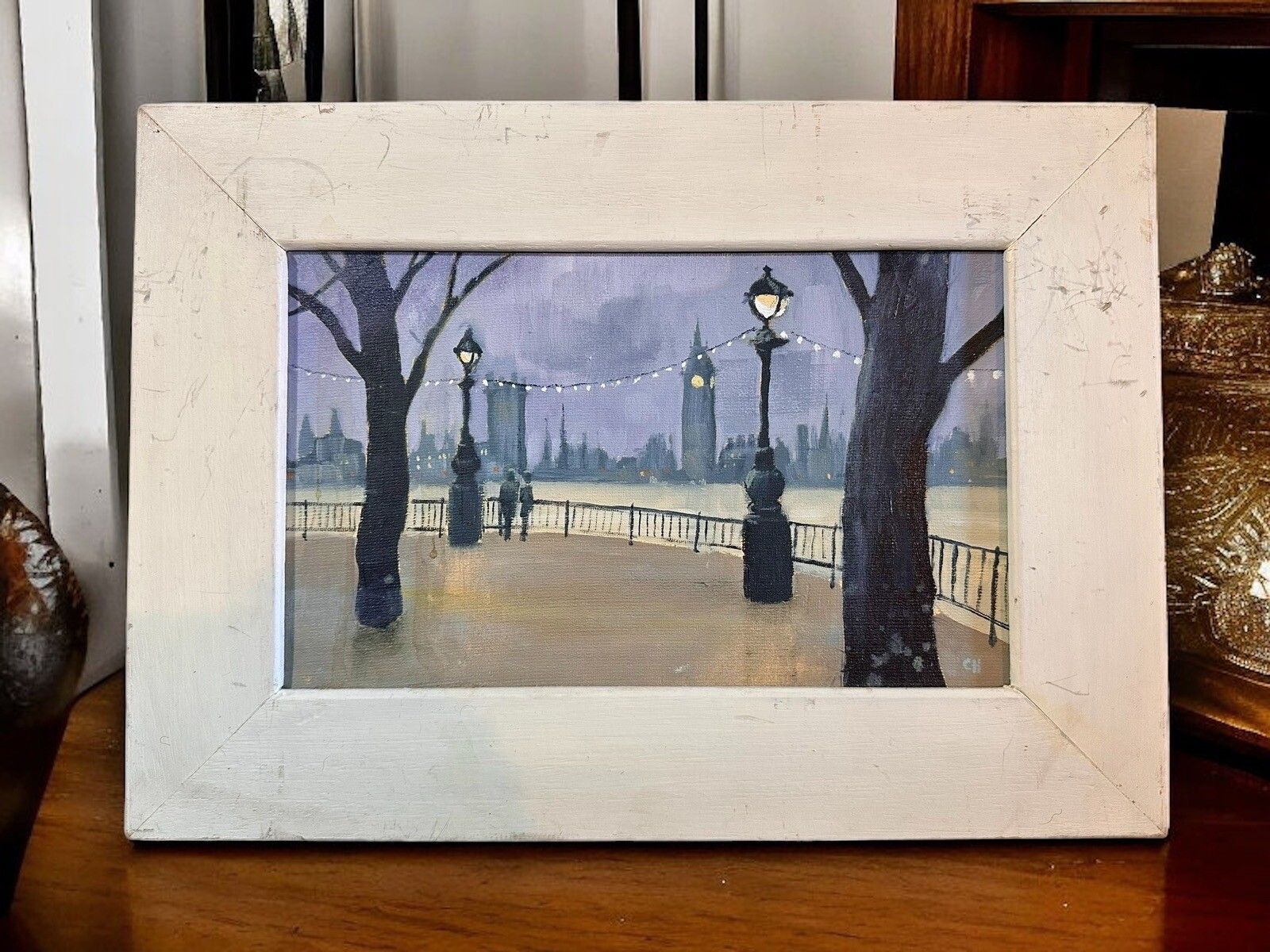 Christine Hopkins Sgfa Original Signed Oil Painting Westminster Dusk Thames