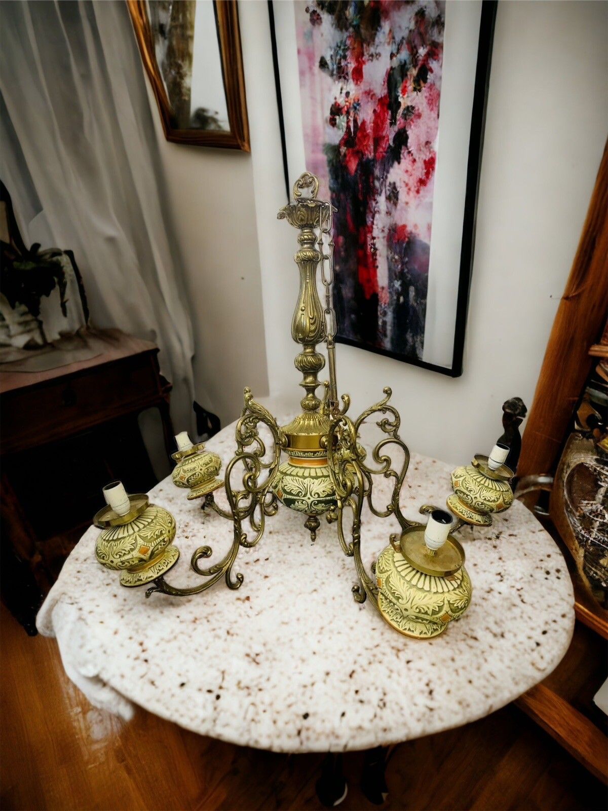 Antique European Outstanding Large Five Arm Brass Rococo Chandelier photo furniture