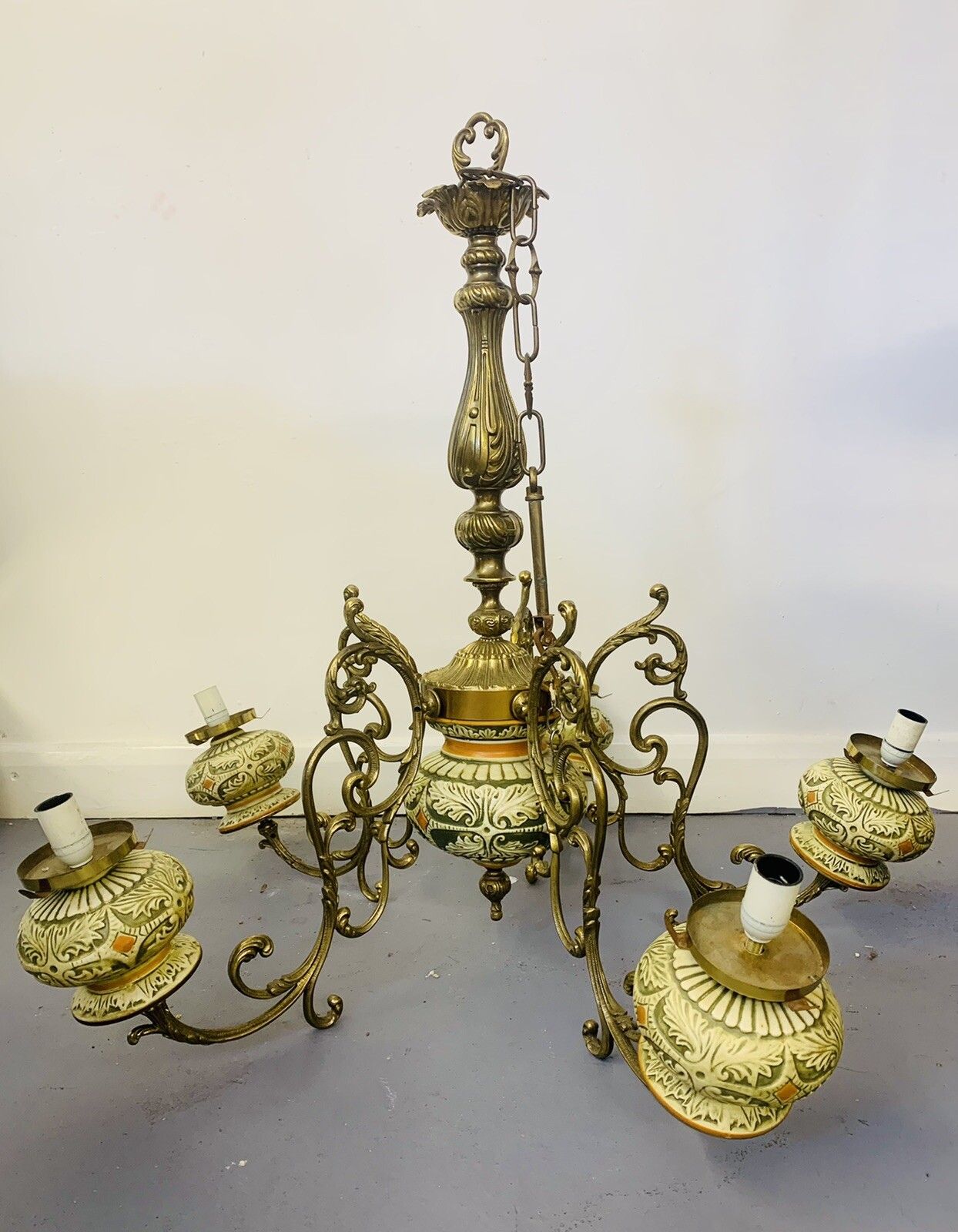 Antique European Outstanding Large Five Arm Brass Rococo Chandelier photo for sale