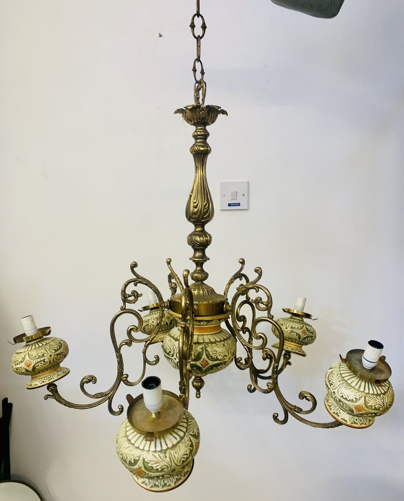 Antique European Outstanding Large Five Arm Brass Rococo Chandelier photo 225.0